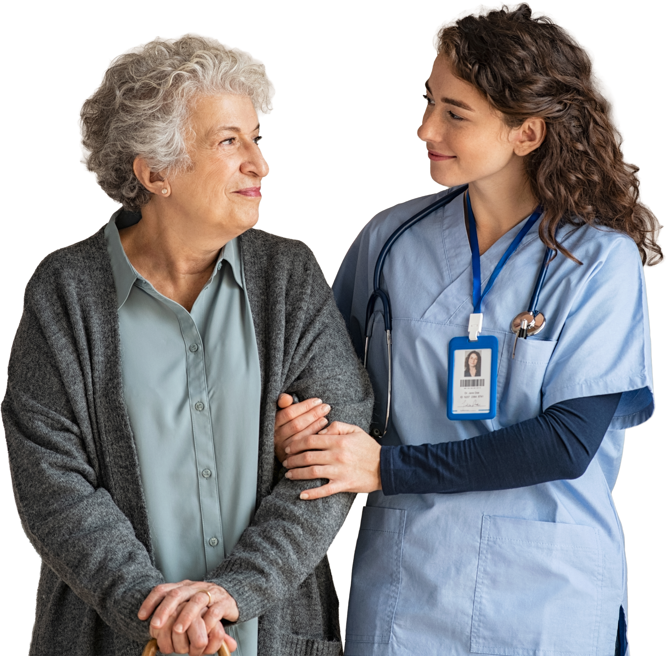 Young caregiver helping senior woman walking.